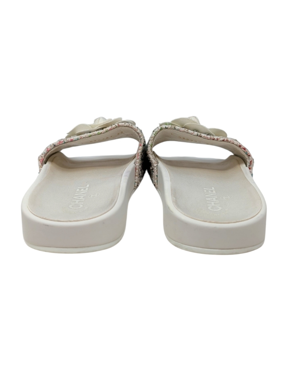 Chanel Camellia Tweed CC Logo Slide Rainbow White Rubber Pool Sandal 38 | 7.5 - Picture 5 of 13